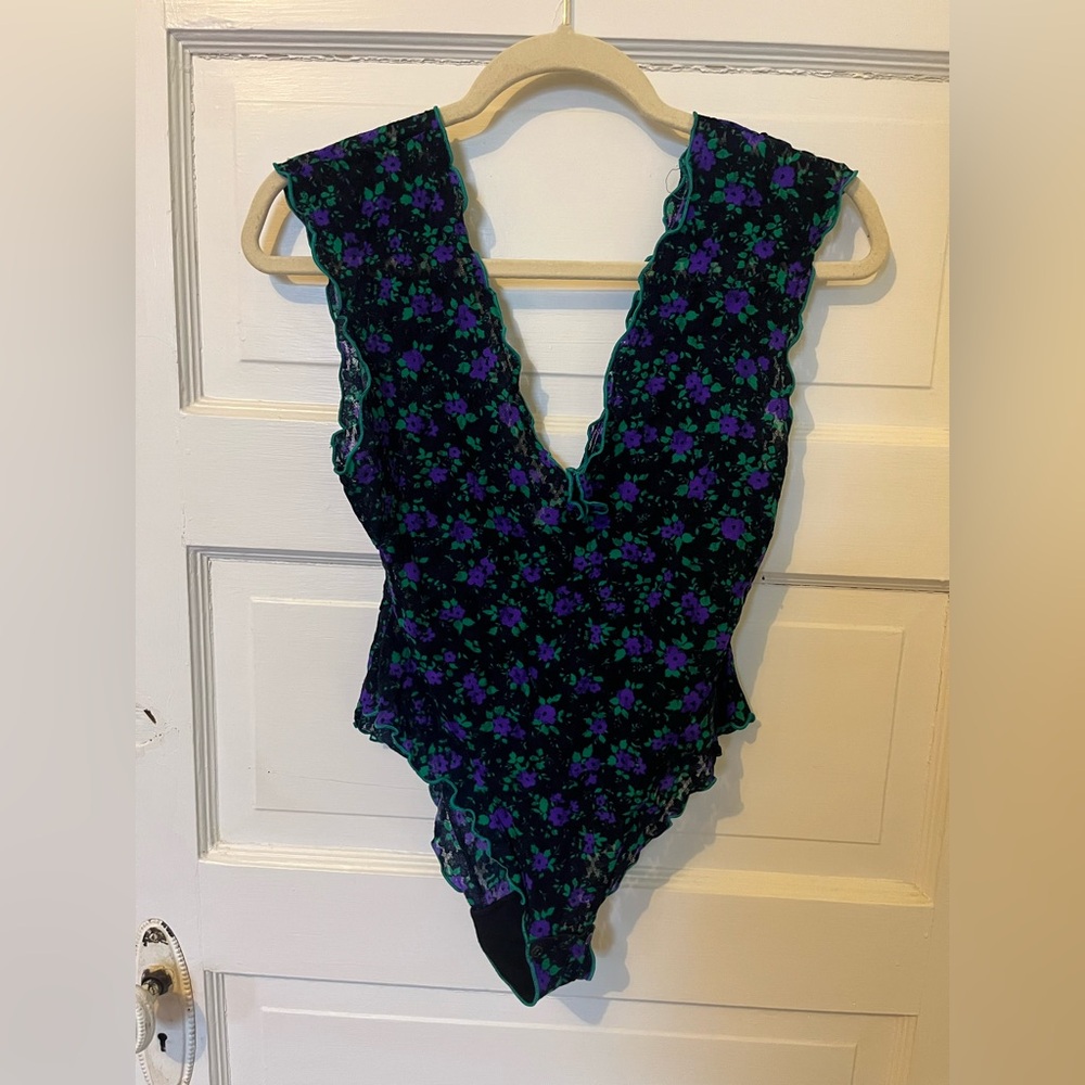 Floral Vintage Deep V Bodysuit in Black and Purple